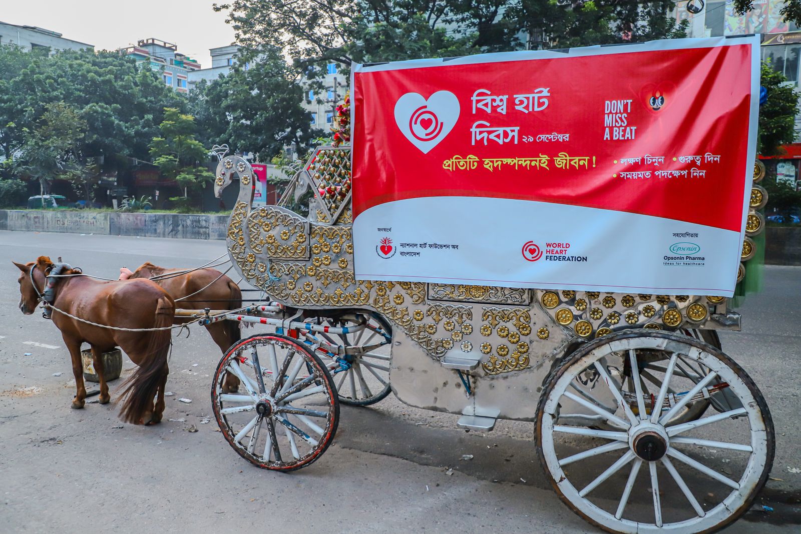 A decorated horse-drawn carriage carried the campaign banner.